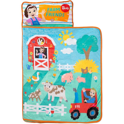 Ms. Rachel Farm Friends Toddler Nap Mat front view unrolled showing the colorful farm animal print