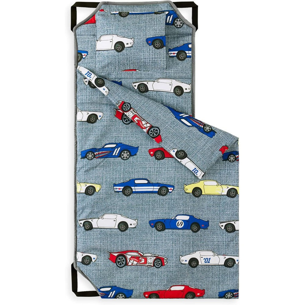 Wake In Cloud Cot Nap Mat front view showing the grey retro sports race cars pattern with attached blanket.