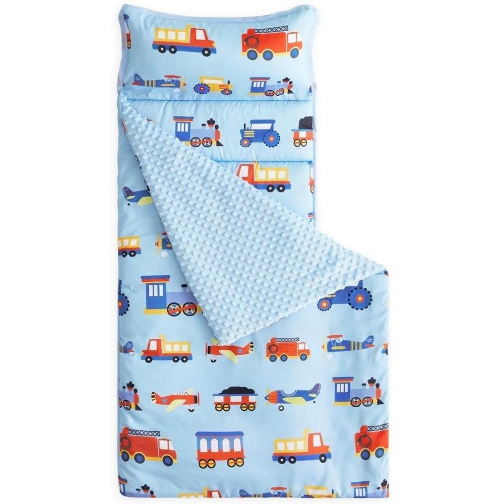 Wake In Cloud toddler nap mat front view featuring blue transportation print with cars and airplanes.