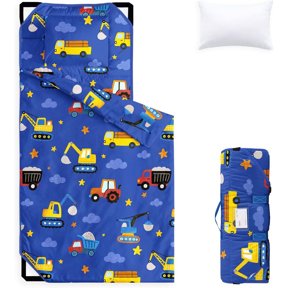 Wake In Cloud cot nap mat front view showing blue cartoon construction car pattern.