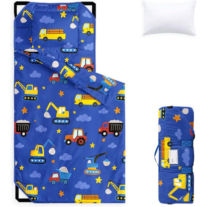 Wake In Cloud cot nap mat front view showing blue cartoon construction car pattern.