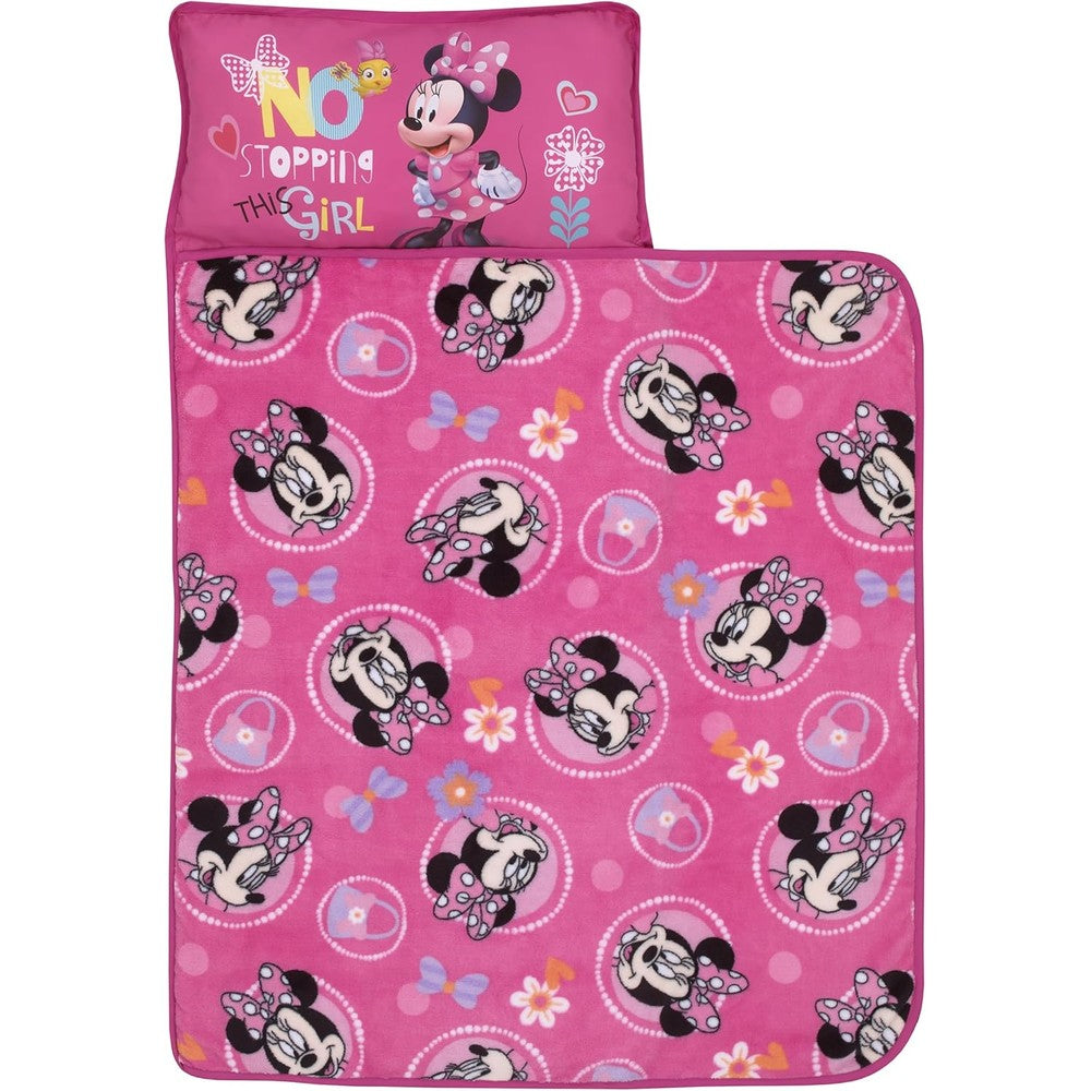 NoJo Disney Minnie Mouse Helping Heart Nap Mat front view featuring pink graphics and built in pillow