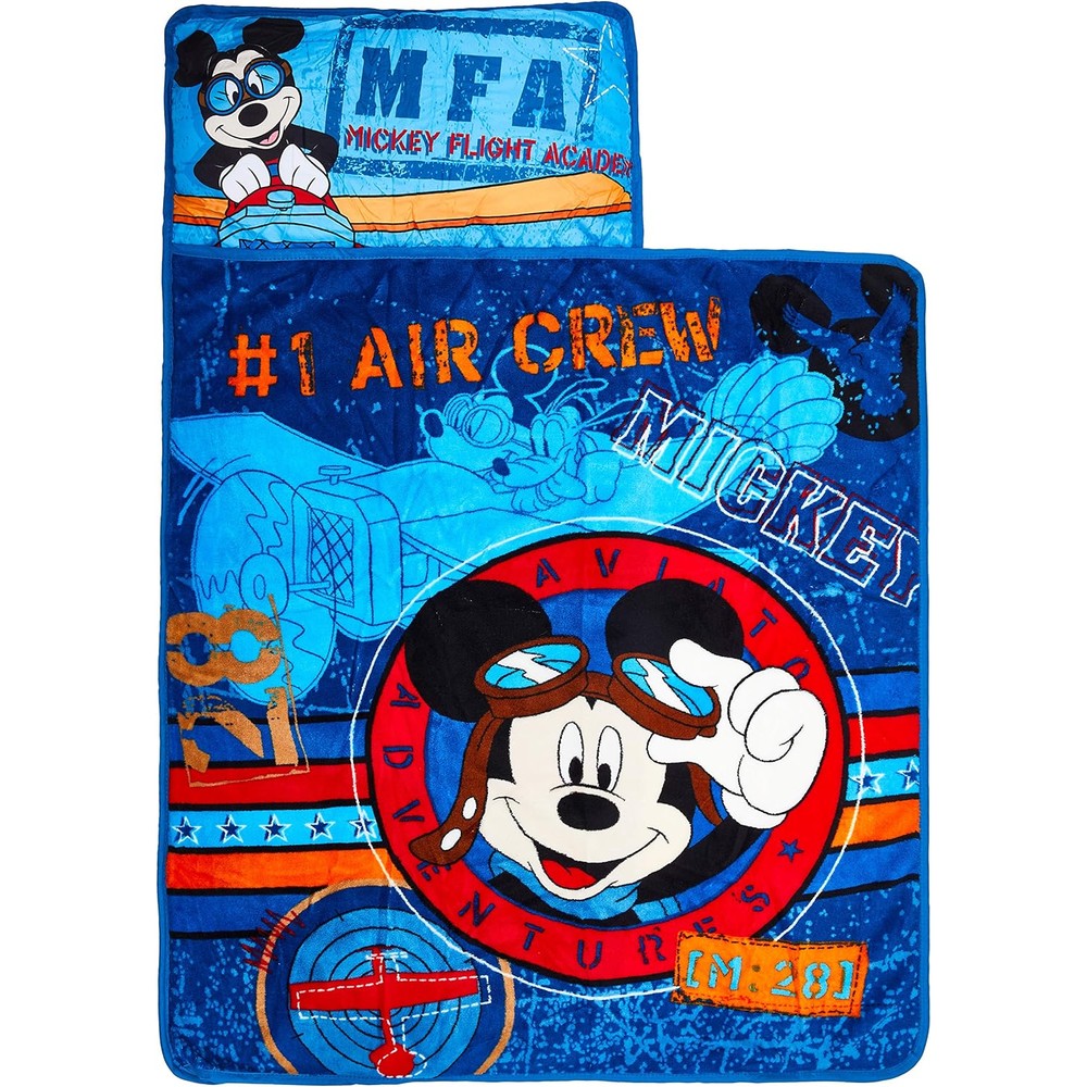Disney Mickey Mouse Flight Academy Toddler Rolled Nap Mat With Attached Pillow And Blanket For Travel And Daycare Ages Two Plus - Image 1