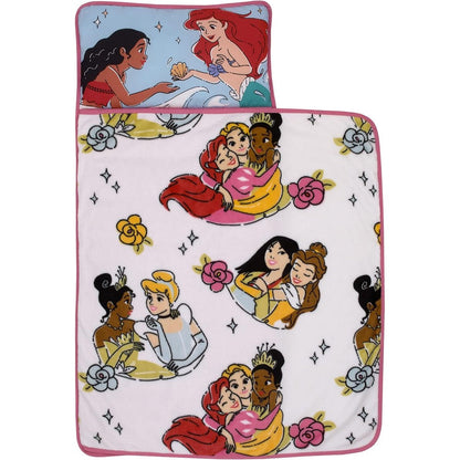 NoJo Disney Princesses toddler nap mat front view unrolled showing pink and blue princess patterns