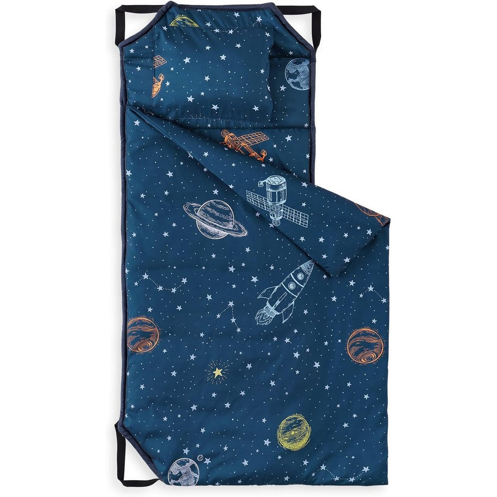 Wake In Cloud kids cot nap mat front view featuring space rocket and planet pattern on navy background.
