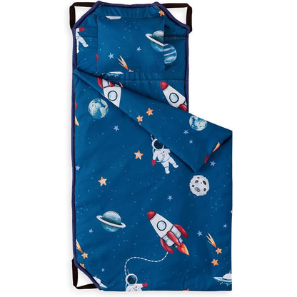 Wake In Cloud toddler cot nap mat front view showing blue galaxy space print with rockets and stars
