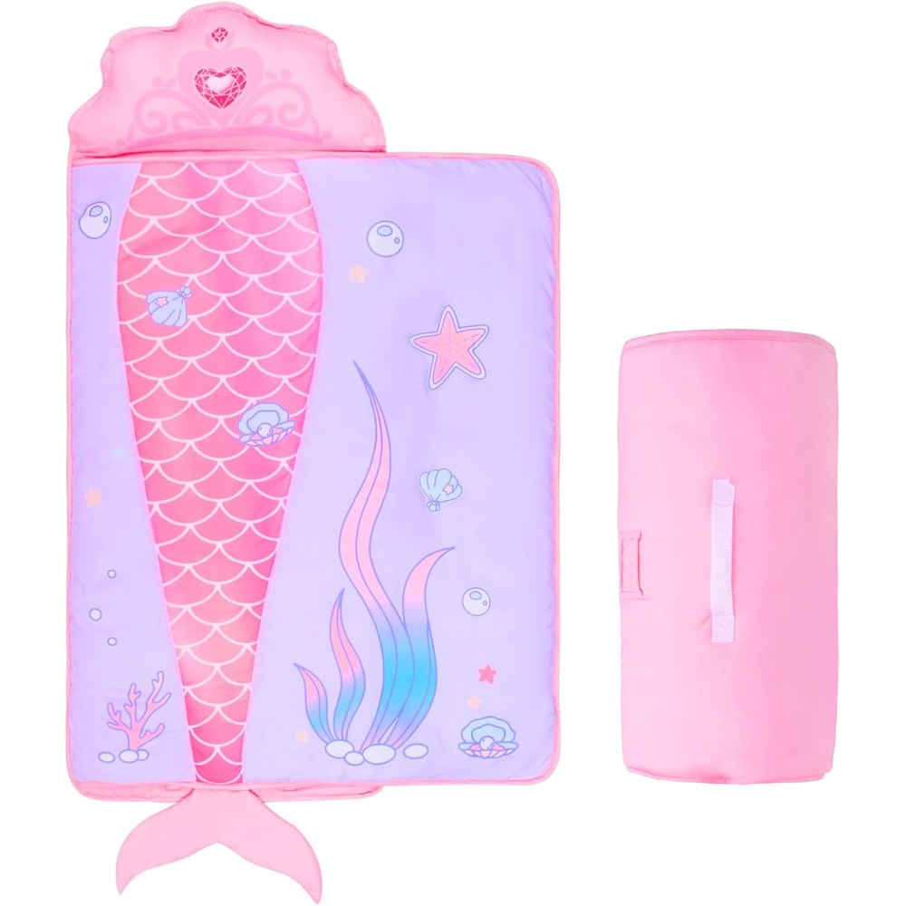 Gophralove Mermaid Toddler Nap Mat front view showing vibrant pink and purple princess pattern.