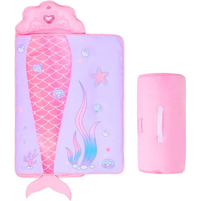 Gophralove Mermaid Toddler Nap Mat front view showing vibrant pink and purple princess pattern.