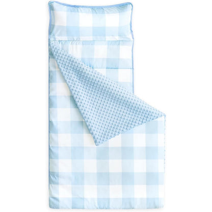 Wake In Cloud Toddler Nap Mat front view featuring light blue buffalo check plaid pattern