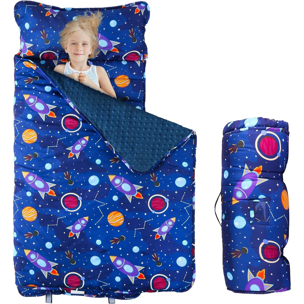Orrhomi toddler nap mat front view navy blue space rocket pattern