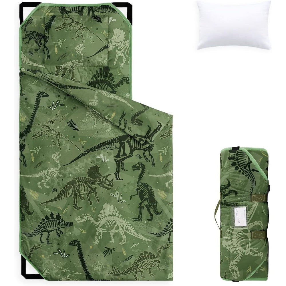 Wake In Cloud dinosaur cot nap mat front view showing army green color and white fossil pattern.