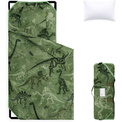 Wake In Cloud dinosaur cot nap mat front view showing army green color and white fossil pattern.