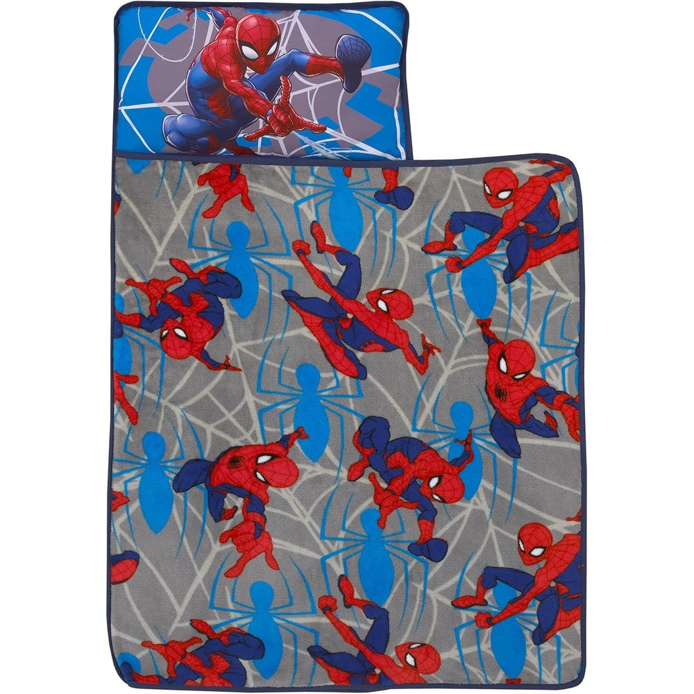 NoJo Marvel Spiderman toddler nap mat front view featuring vibrant red and blue graphics