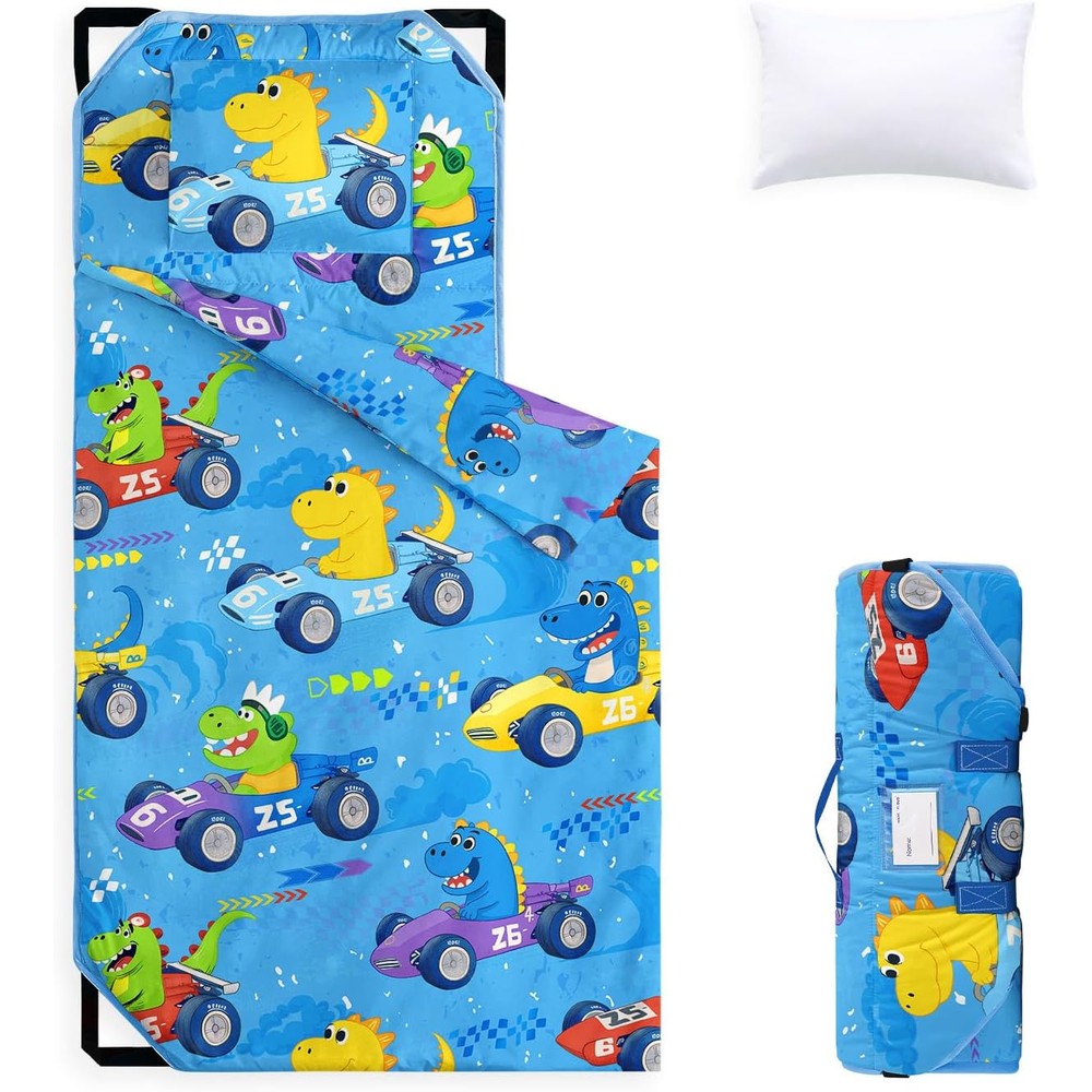 Wake In Cloud cot nap mat front view showing colorful dinosaur race car design in sky blue.