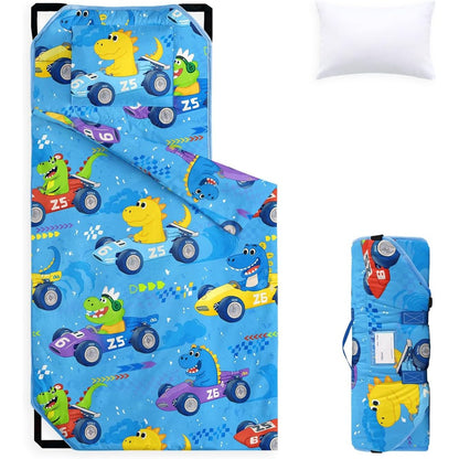 Wake In Cloud cot nap mat front view showing colorful dinosaur race car design in sky blue.
