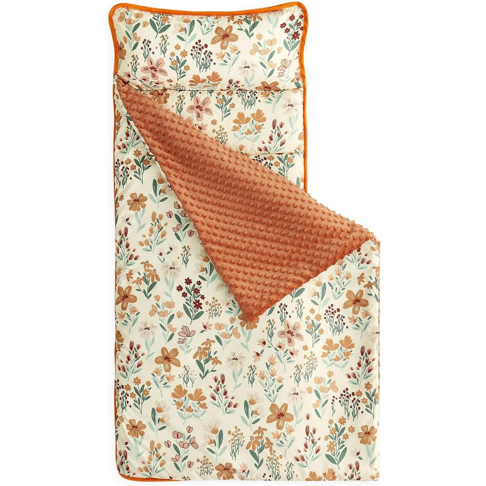 Wake In Cloud toddler nap mat front view featuring vibrant cream orange floral pattern and integrated pillow