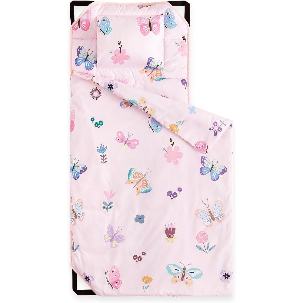 Wake In Cloud toddler cot nap mat pink butterfly flowers front view fully unrolled