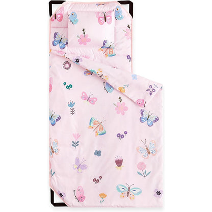 Wake In Cloud toddler cot nap mat pink butterfly flowers front view fully unrolled
