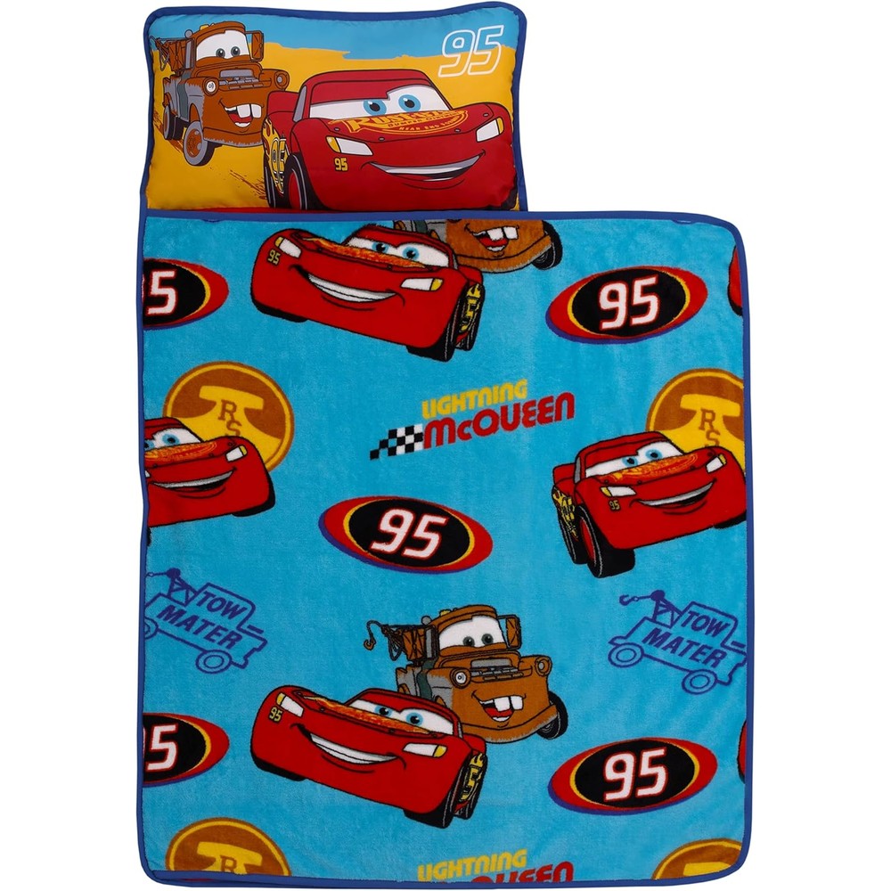 NoJo Disney Cars Radiator Springs toddler nap mat front view featuring Lightning McQueen