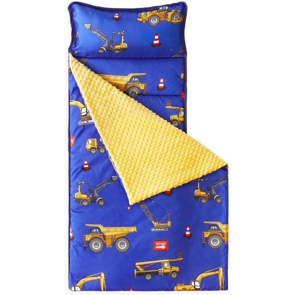Wake In Cloud Toddler Nap Mat front view featuring blue car and excavator patterns with attached yellow minky blanket