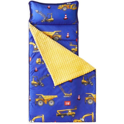 Wake In Cloud Toddler Nap Mat front view featuring blue car and excavator patterns with attached yellow minky blanket