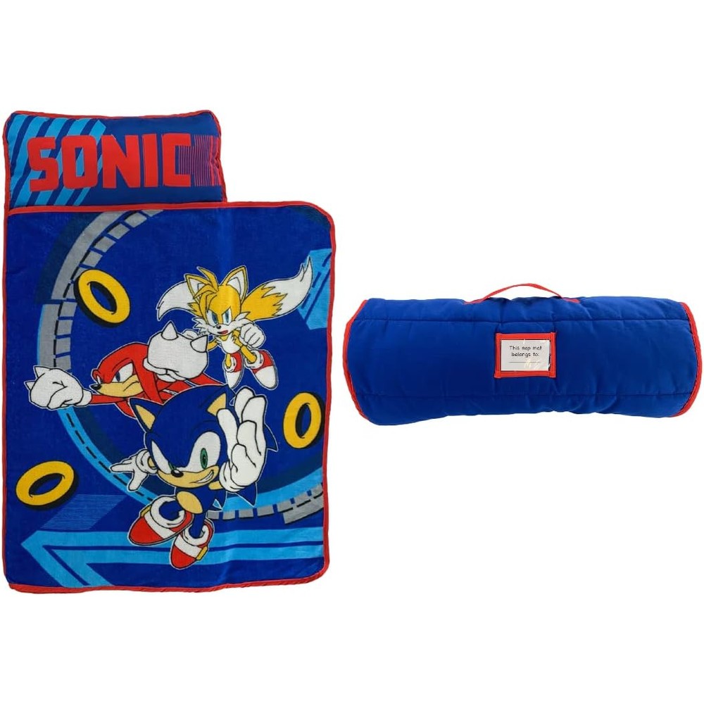 Franco Sonic the Hedgehog toddler nap mat front view showing built in pillow and blanket graphics