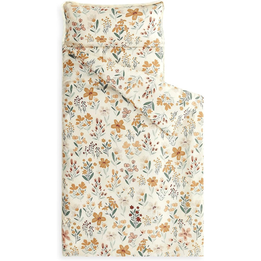 Wake In Cloud toddler nap mat front view unrolled showing orange floral pattern