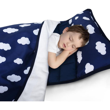 Biloban toddler nap mat with removable pillow and blanket front view
