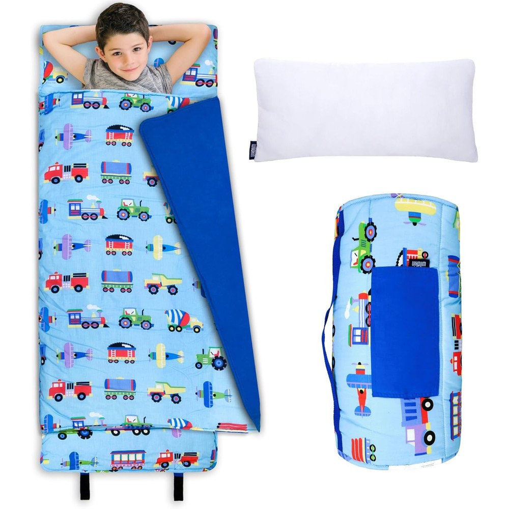 Wildkin Kids Original Nap Mat Trains Planes and Trucks front view