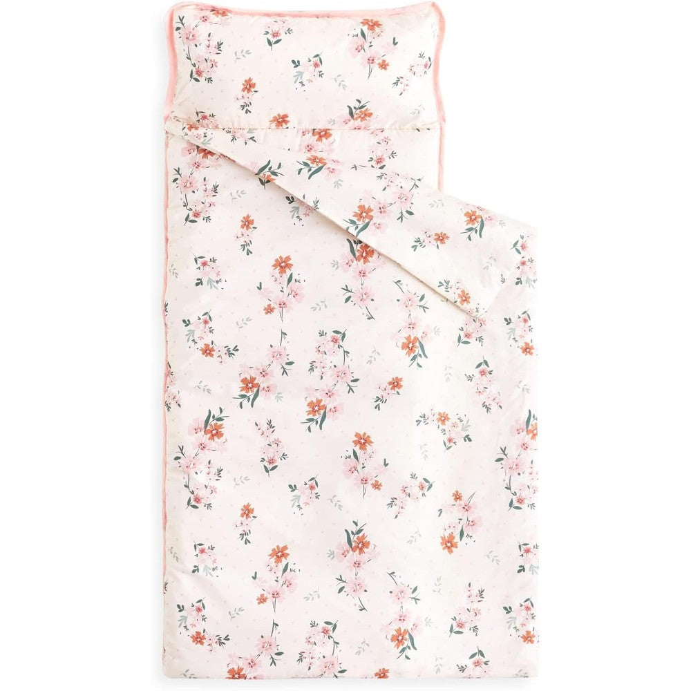 Wake In Cloud toddler nap mat front view showing light pink floral pattern