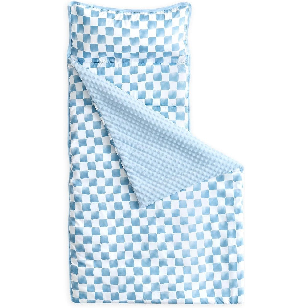 Wake In Cloud toddler nap mat blue and white gingham grid checkered front view