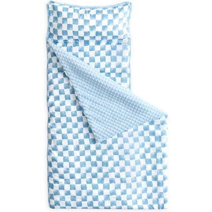 Wake In Cloud toddler nap mat blue and white gingham grid checkered front view