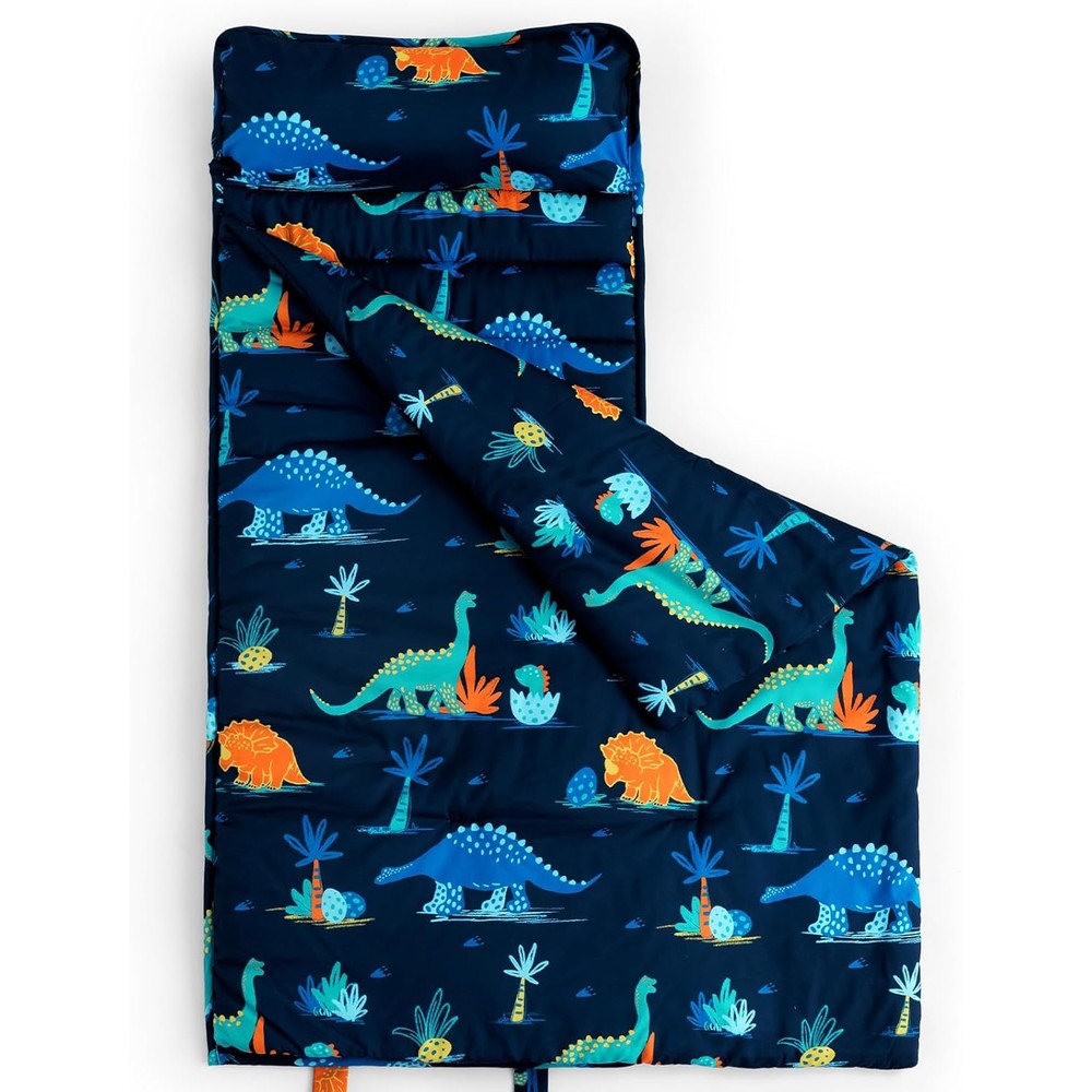 David's Kids toddler nap mat front view featuring a navy blue dinosaur pattern for boys preschool bedding.
