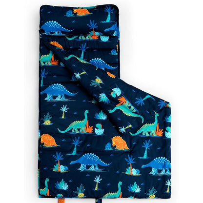 David's Kids toddler nap mat front view featuring a navy blue dinosaur pattern for boys preschool bedding.