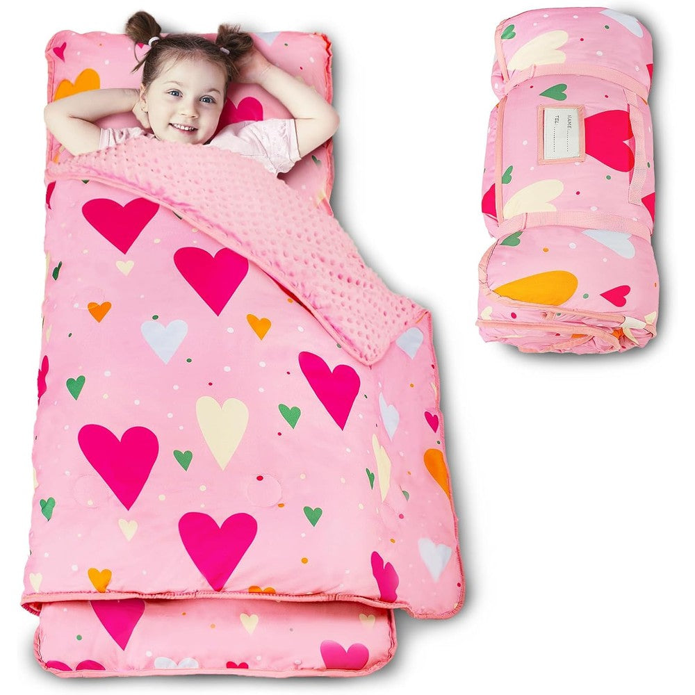 Beavtaens toddler nap mat pink heart pattern front view unrolled with pillow