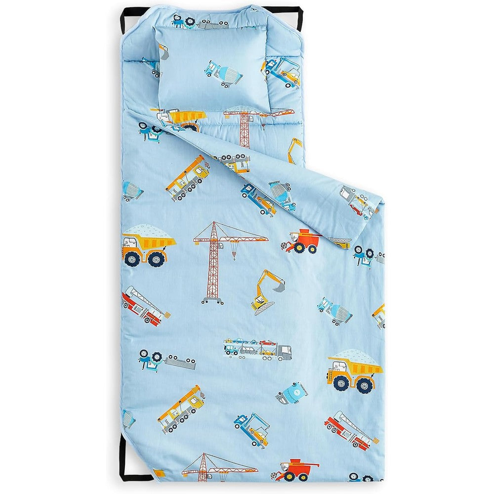 Wake In Cloud cot nap mat front view showing blue cars cranes trucks pattern