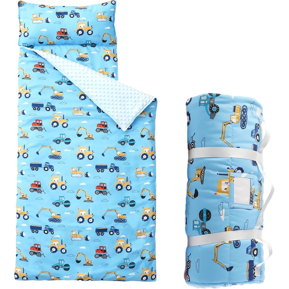 Bunnikins & Clover Toddler Nap Mat front view showing the construction vehicle print and attached blue minky blanket.