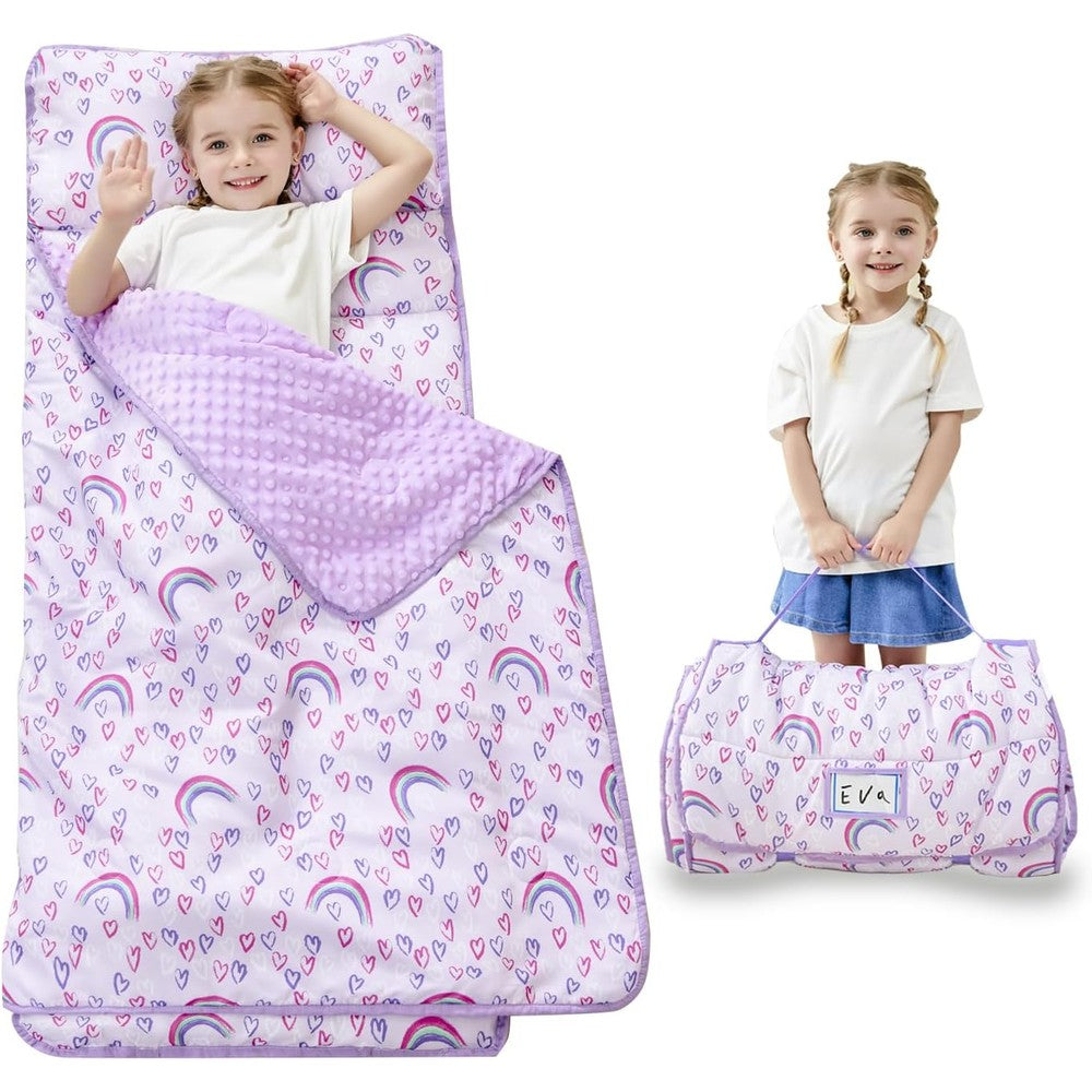 Lasoftan toddler nap mat with pillow and blanket in rainbow design front view spread out flat