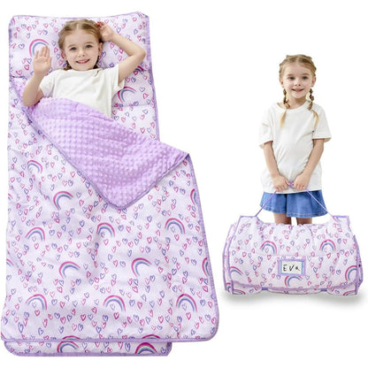 Lasoftan toddler nap mat with pillow and blanket in rainbow design front view spread out flat