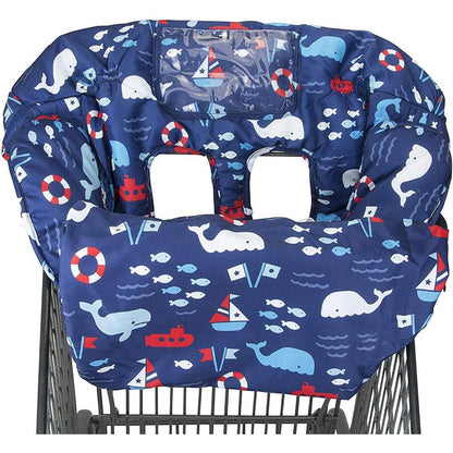 Love&go 2-in-1 shopping cart and high chair cover front view showing blue whale print fabric.