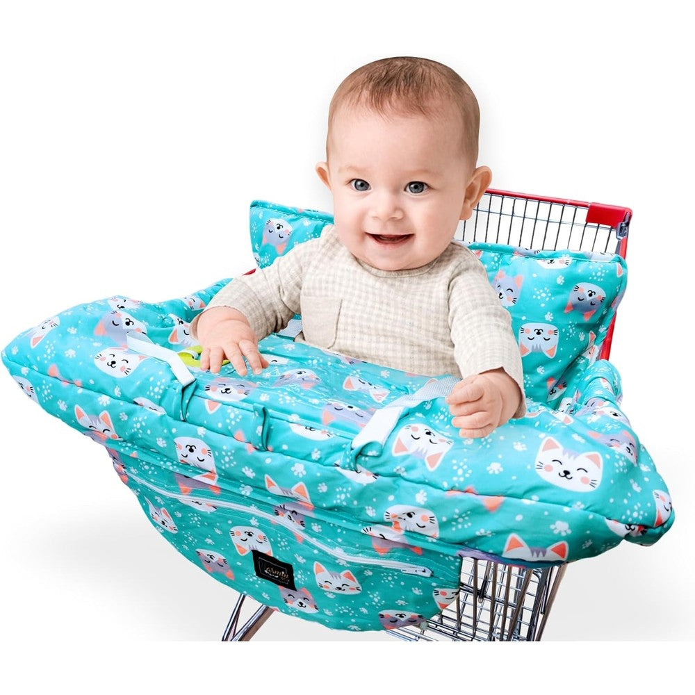 Yasmin Box grocery shopping cart cover for baby front view installed on supermarket trolley.