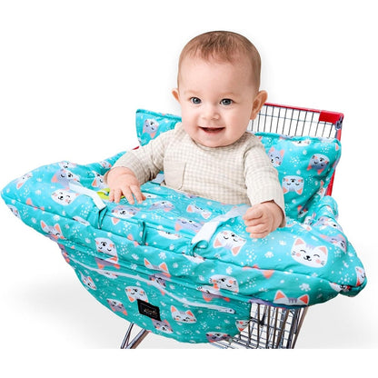 Yasmin Box grocery shopping cart cover for baby front view installed on supermarket trolley.