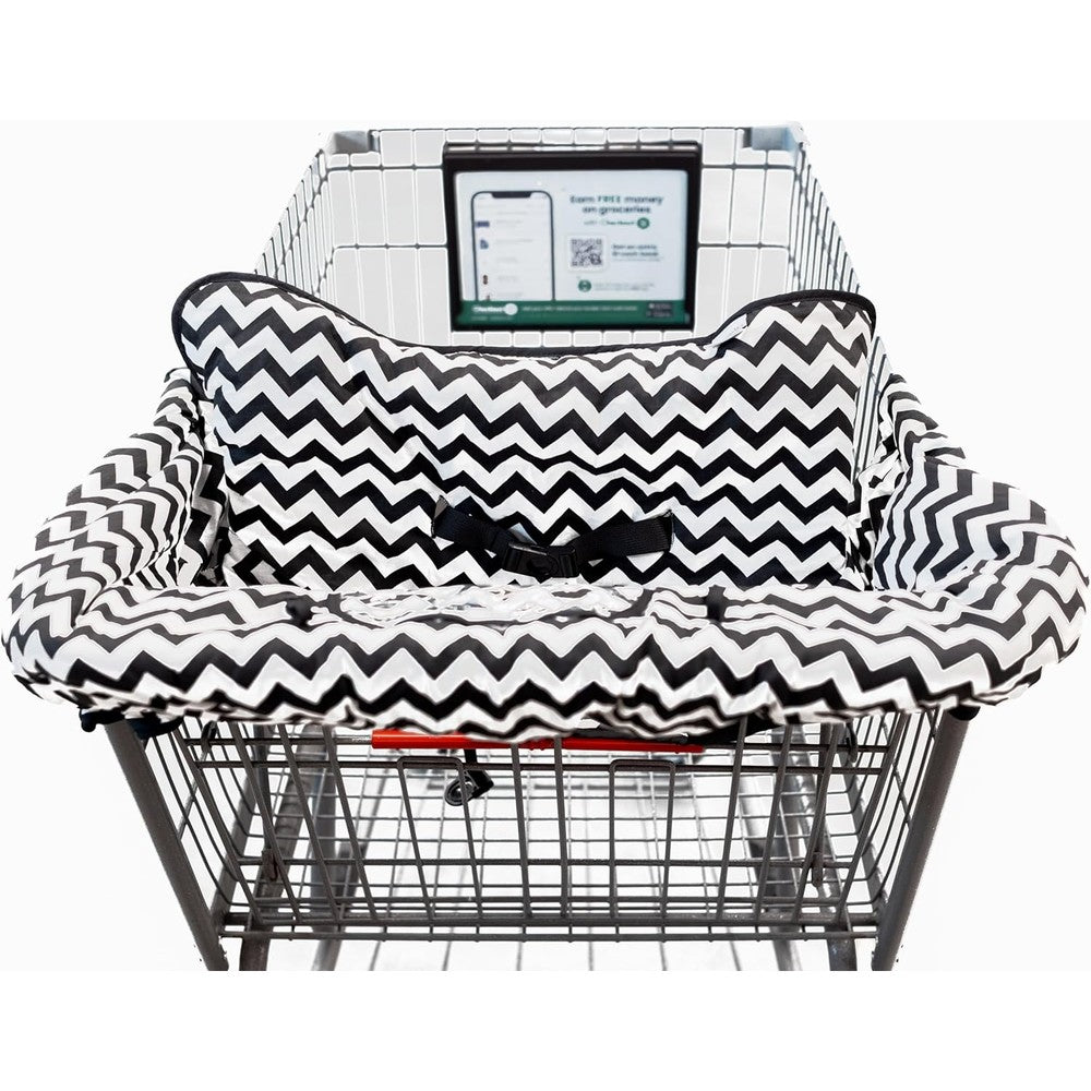 Totes Babies shopping cart cover front view in black and white chevron pattern used on a grocery cart