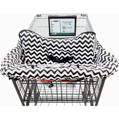 Totes Babies shopping cart cover front view in black and white chevron pattern used on a grocery cart