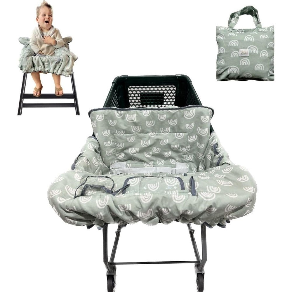 ROKOMO shopping cart cover front view displaying the gender neutral green rainbow pattern.