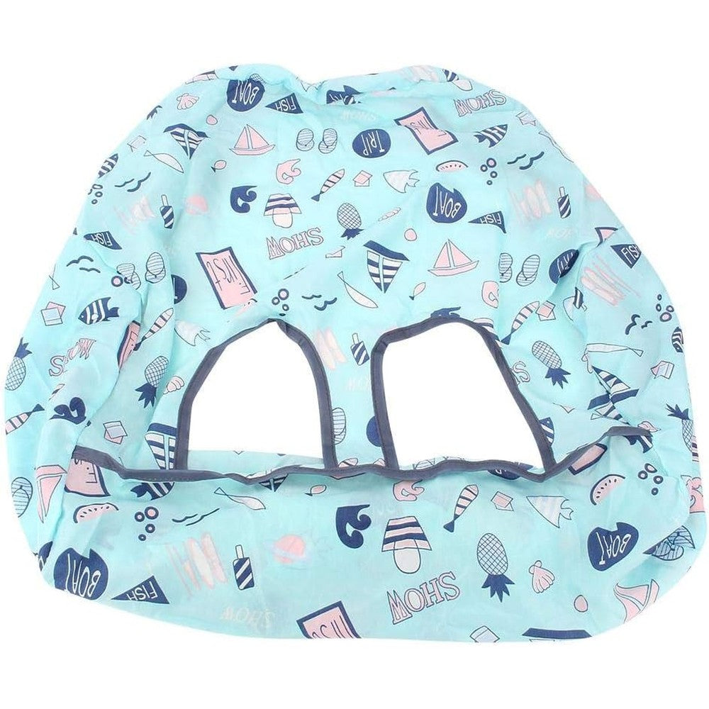 OPPWONG baby shopping cart cover in neutral blue front view on a grocery trolley