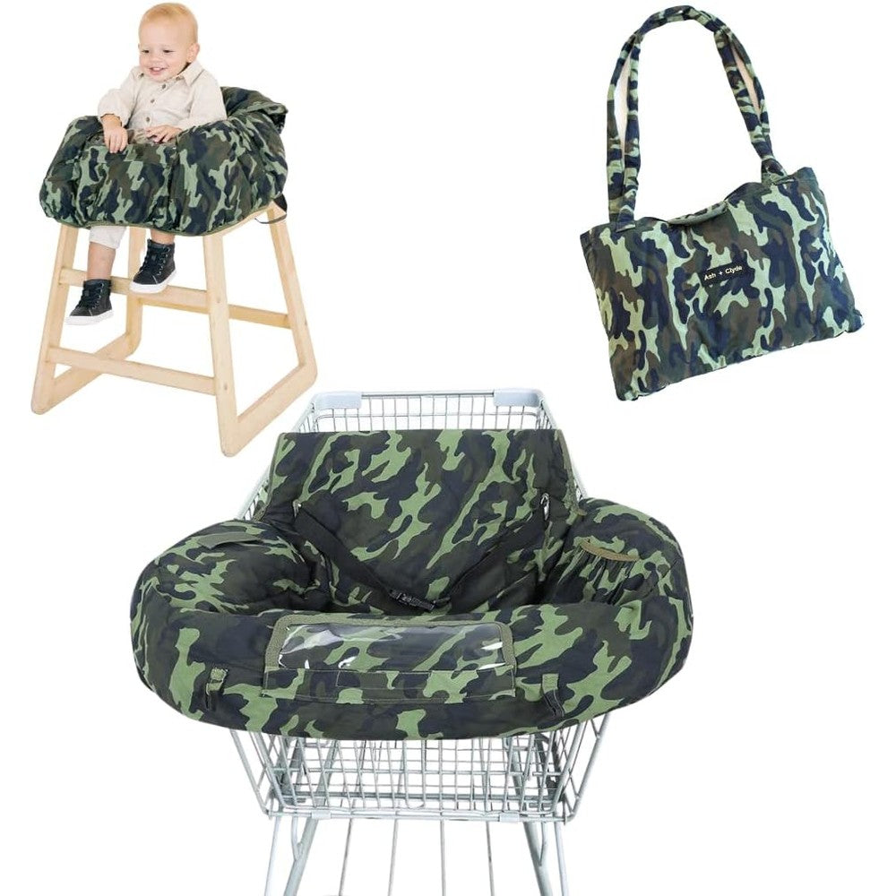 Ash + Clyde 7 in 1 baby shopping cart cover camouflage front view padded seat cushion