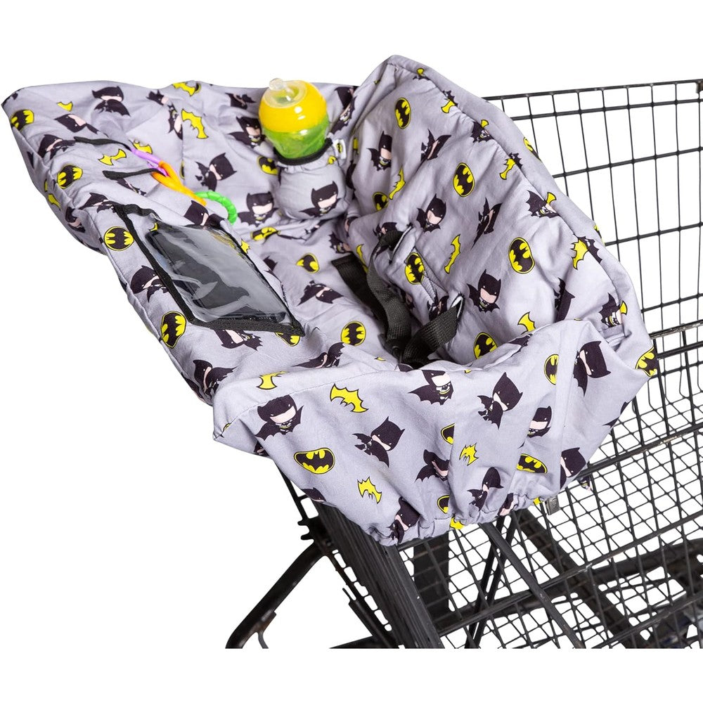 J.L. Childress Batman shopping cart cover front view displaying the officially licensed DC Comics emblem on a grocery cart.
