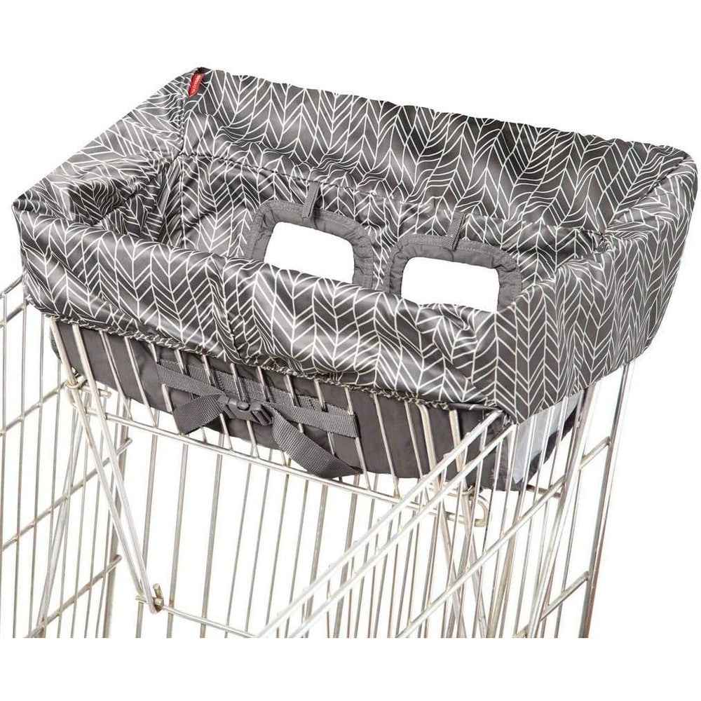 Skip Hop shopping cart cover grey feather front view on a grocery cart