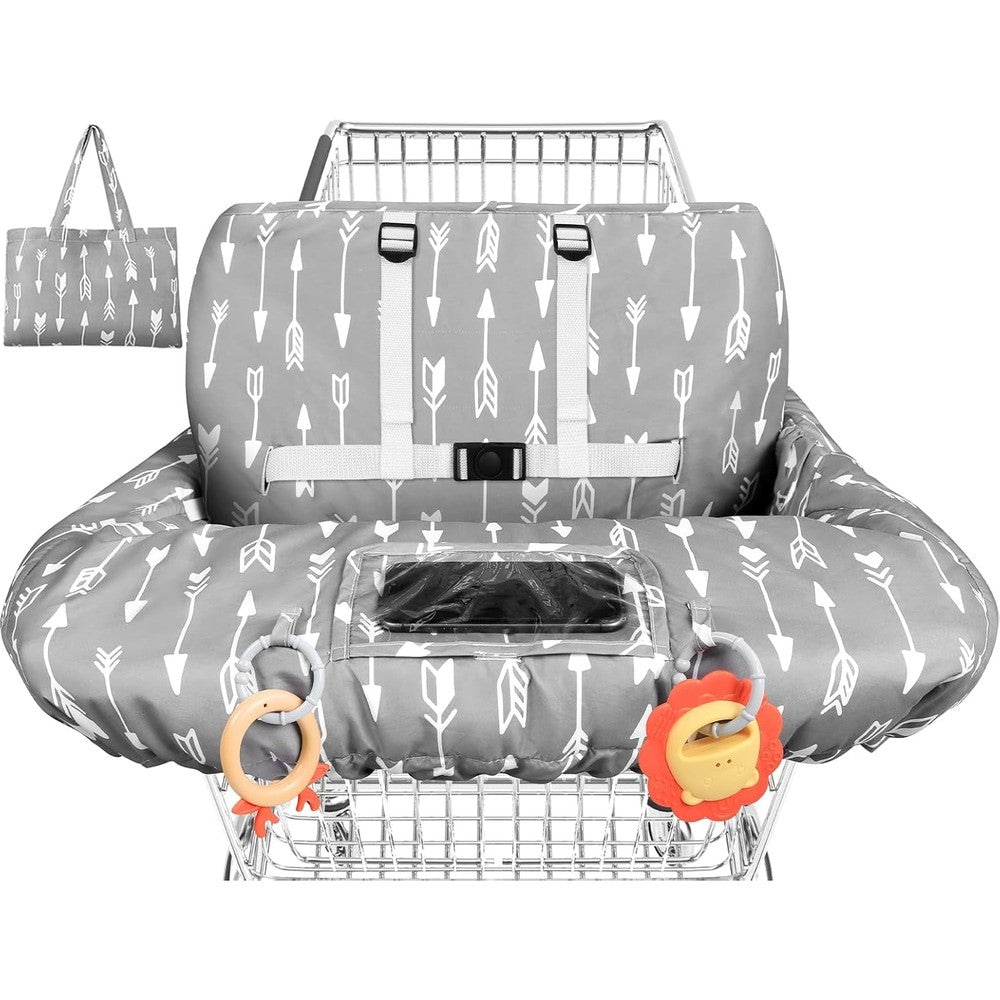 Yoofoss shopping cart cover for baby front view on a grocery trolley.